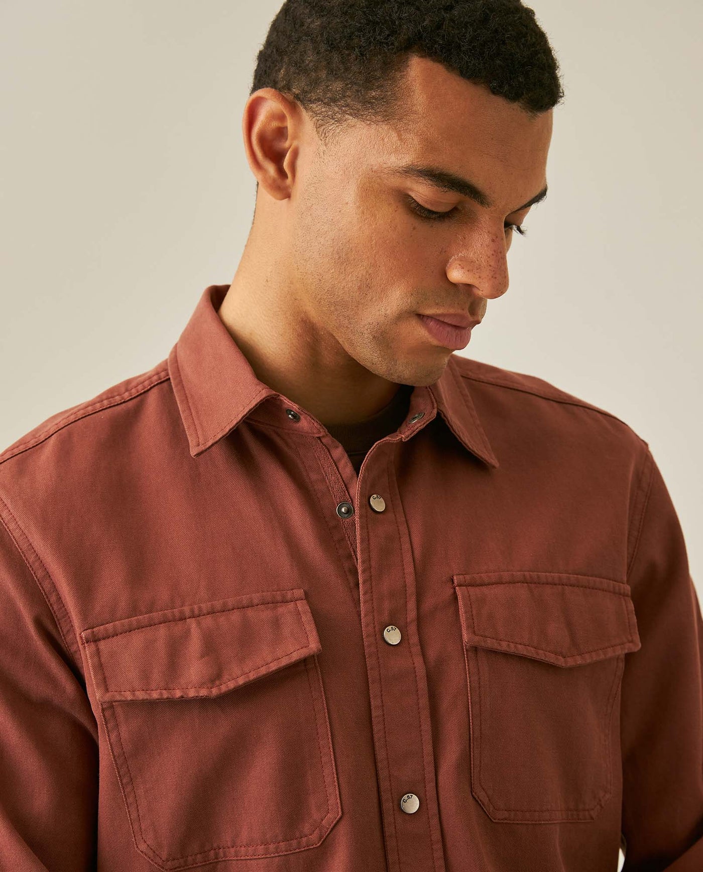 Mens Shirt Long Sleeve Regular Fit Lyocell Cotton Marked Diagonal Decorative Placket Yoke Patch Pocket - Brown 63_611H006_CAF191245_5