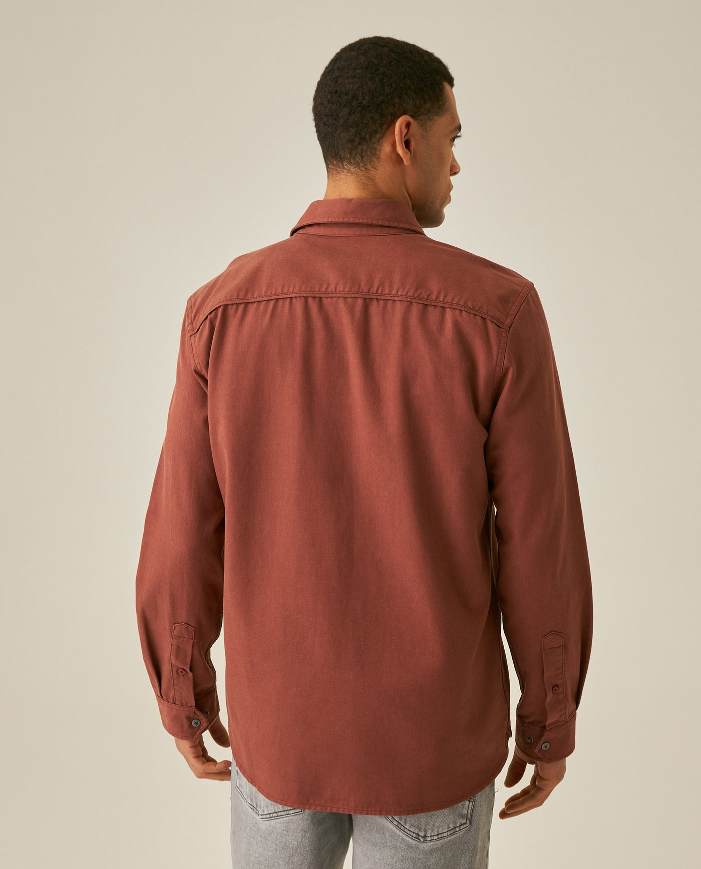Mens Shirt Long Sleeve Regular Fit Lyocell Cotton Marked Diagonal Decorative Placket Yoke Patch Pocket - Brown 63_611H006_CAF191245_6