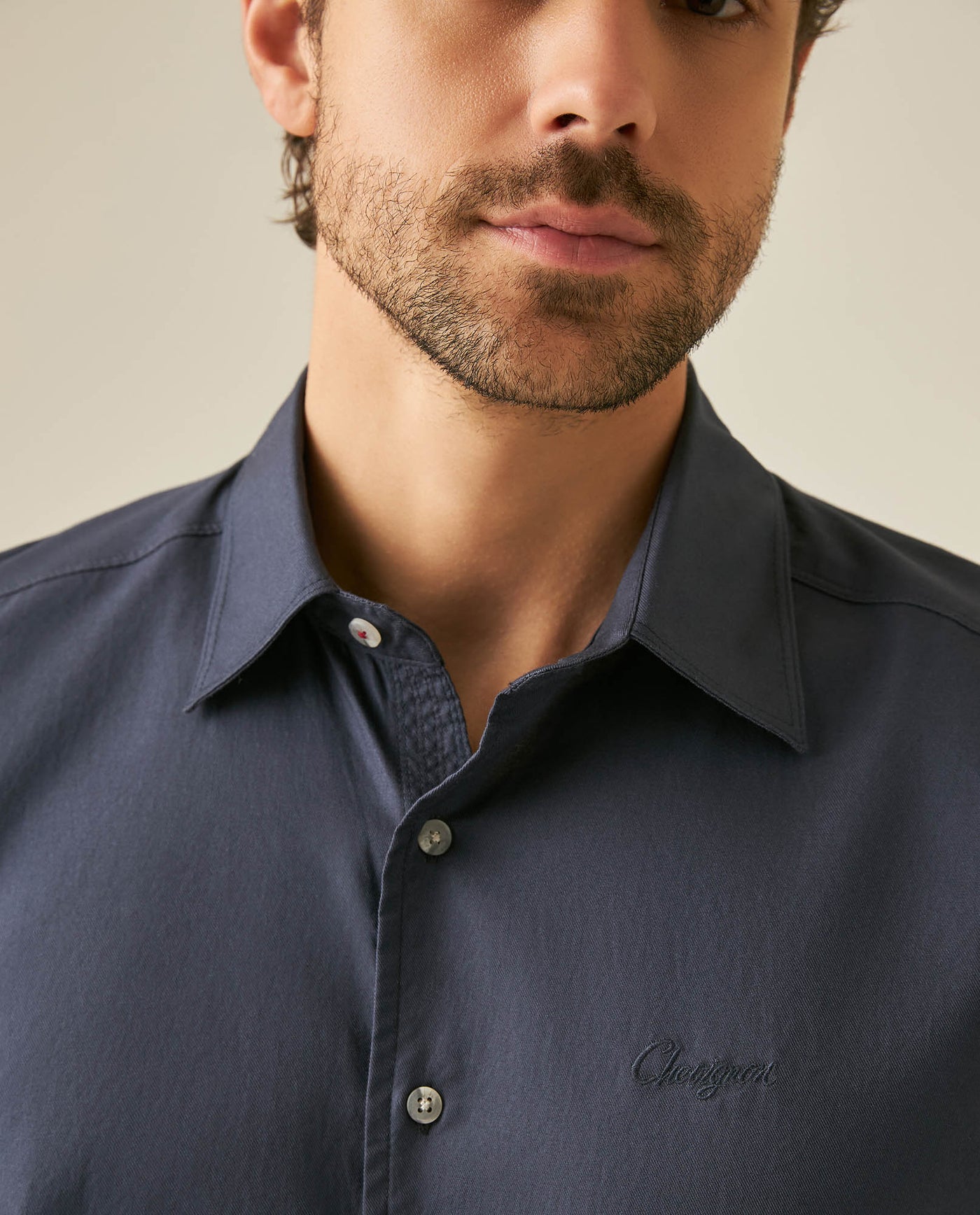 Mens Shirt Short Sleeve Regular Fit Cotton Subtle Diagonal Multi Needle Placket Chest Embroidery - Blue 63_611H007_AZU193923_5