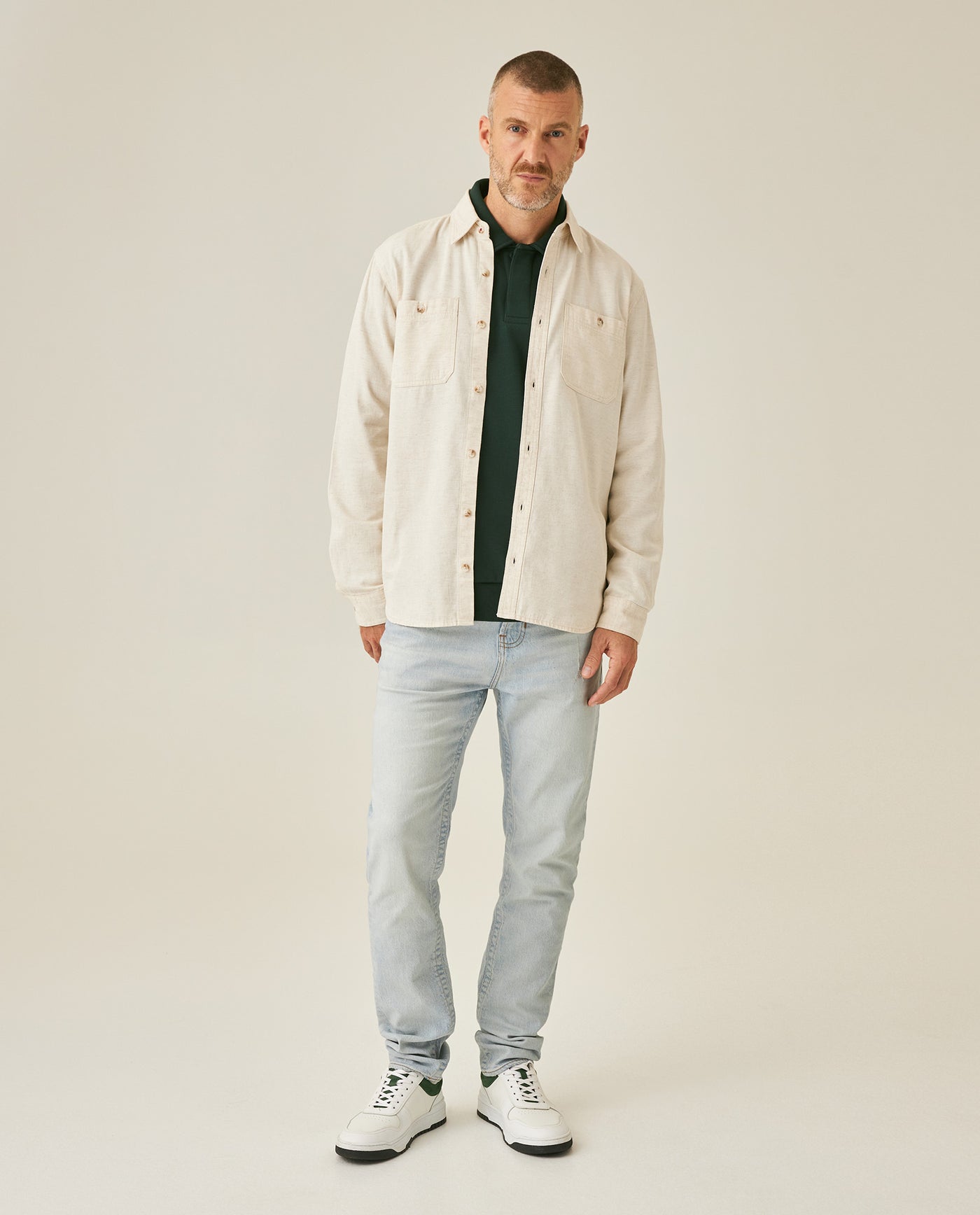 Mens Shirt Long Sleeve Regular Fit Cotton Viscose Linen Denim Yarns Utilitarian Patch Pockets Marked Buttons - Raw 63_611H008_CRU110701_4