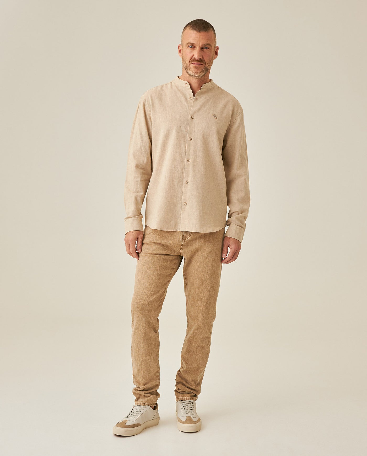 Mens Shirt Long Sleeve Mandarin Collar Regular Fit Linen Cotton Seed Effect Vibrant Duck - Beige 63_611H014_BEI140002_4
