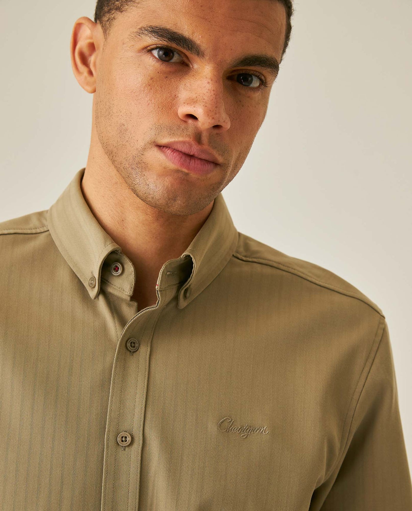 Mens Shirt Long Sleeve Slim Fit Button Down Polyester Lyocell Cotton Herringbone Premium Soft Hand - Green 63_611H024_VER170619_5