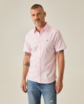 Men's Shirt Short Sleeve Slim Fit Oxford Cotton Vibrant Duck Raw Contrast Button Red Side Details - Pink