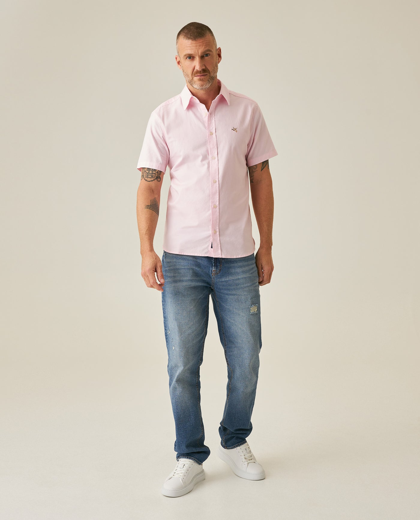 Mens Shirt Short Sleeve Slim Fit Oxford Cotton Vibrant Duck Raw Contrast Button Red Side Details - Pink 63_611H026_ROS122904_4