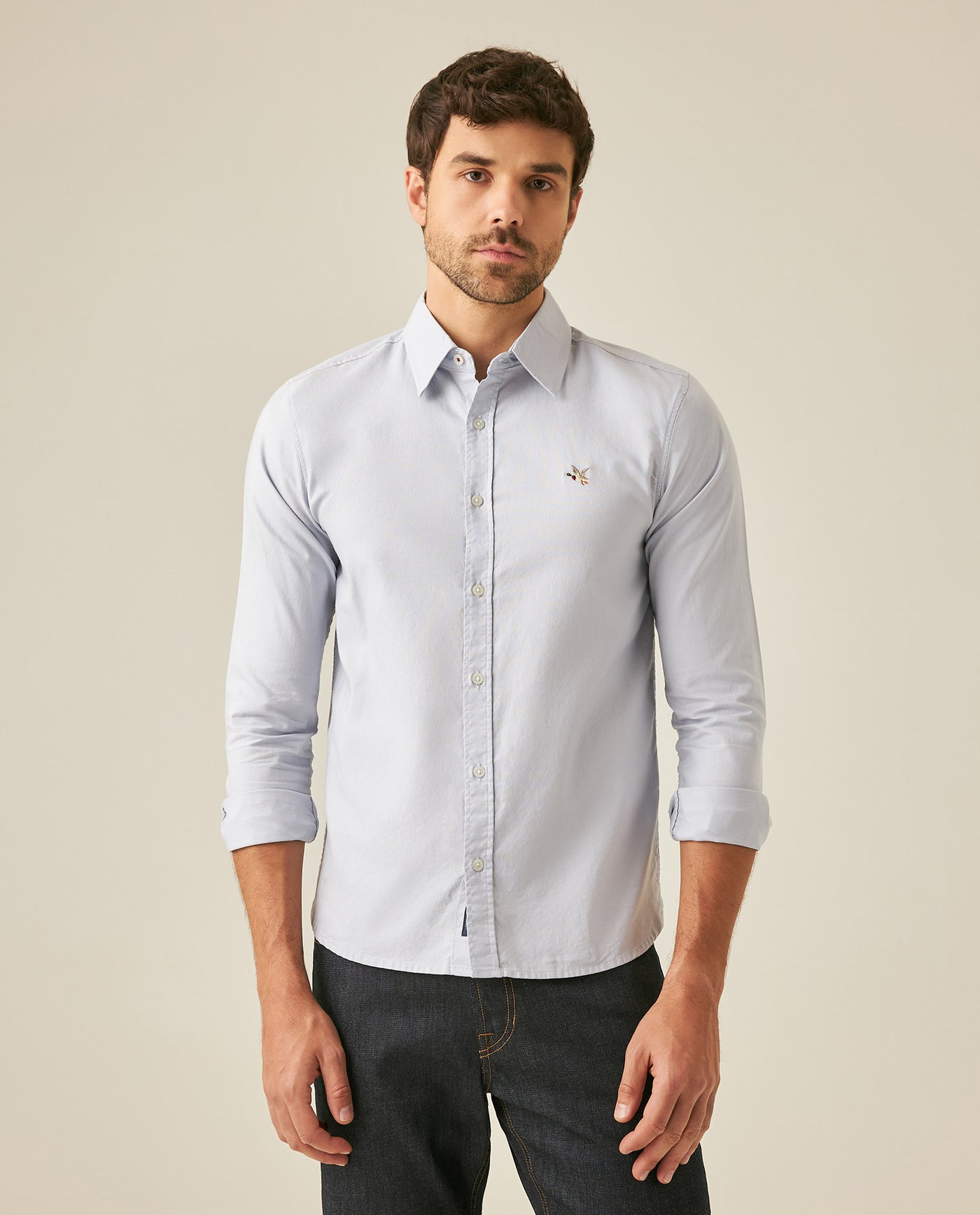 Mens Shirt Long Sleeve Slim Fit Oxford Cotton Vibrant Duck Raw Contrast Buttons Side Details Woven Label - Blue 63_611H027_AZU134110_2