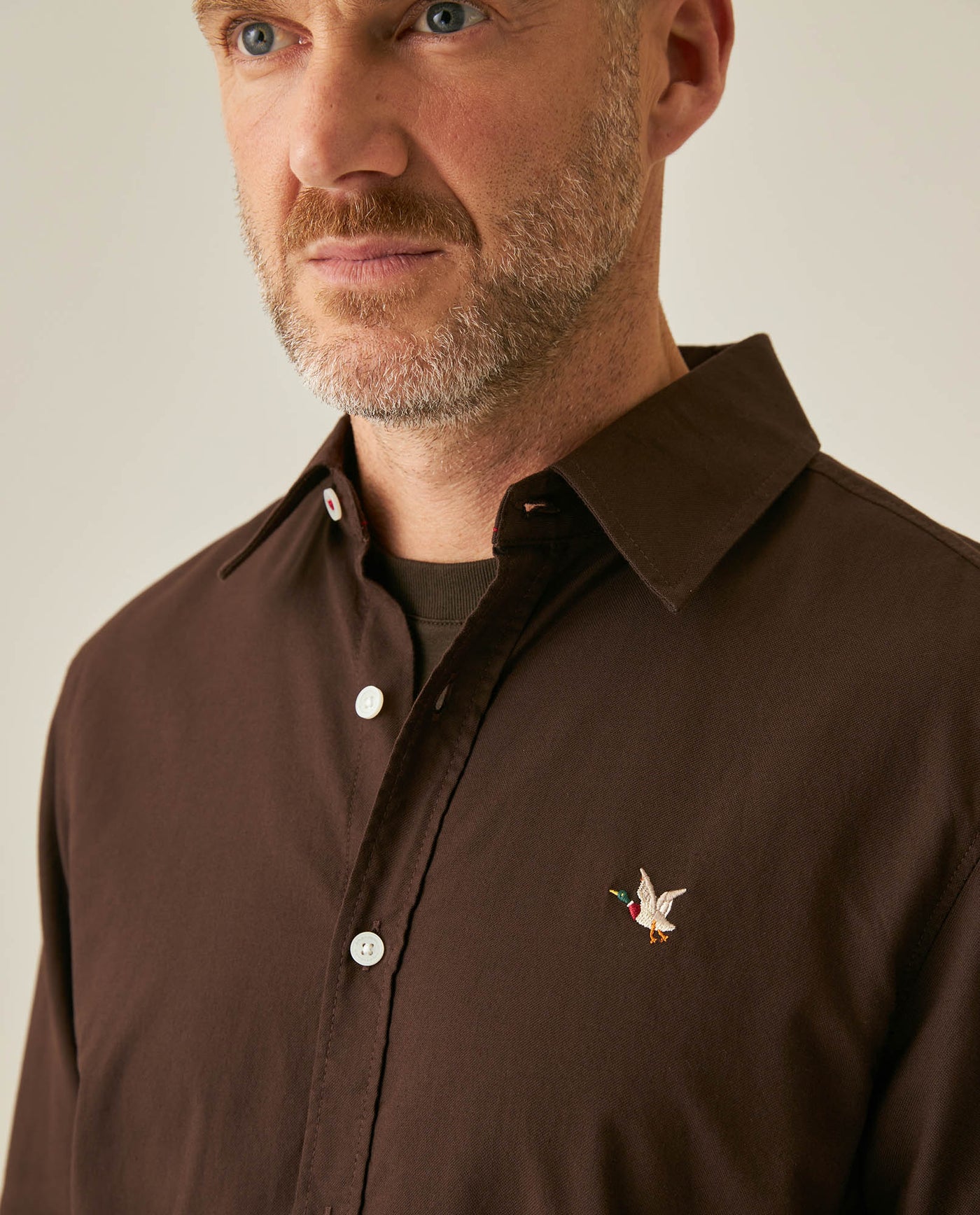 Mens Shirt Long Sleeve Slim Fit Oxford Cotton Vibrant Duck Raw Contrast Buttons Side Details Woven Label - Brown 63_611H027_CAF191016_5
