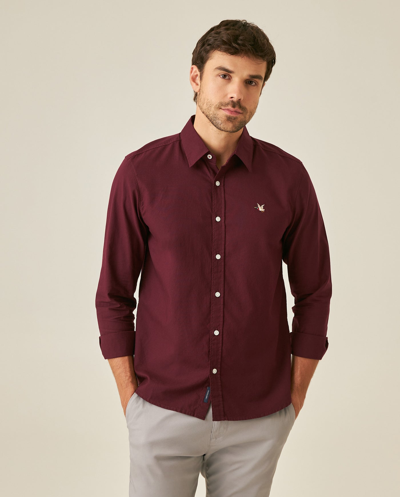 Mens Shirt Long Sleeve Slim Fit Oxford Cotton Vibrant Duck Raw Contrast Buttons Side Details Woven Label - Purple 63_611H027_MOR192118_0