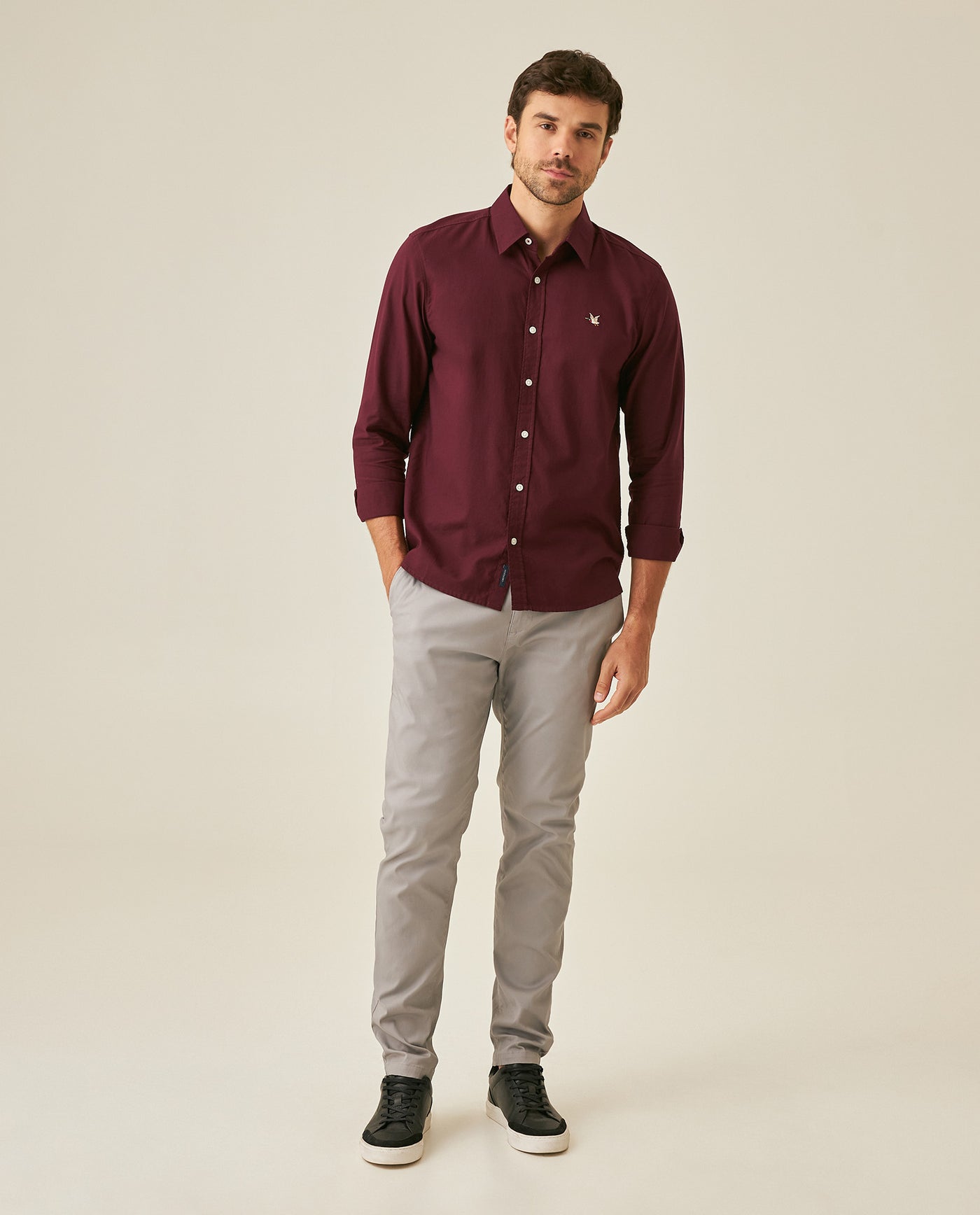 Mens Shirt Long Sleeve Slim Fit Oxford Cotton Vibrant Duck Raw Contrast Buttons Side Details Woven Label - Purple 63_611H027_MOR192118_4
