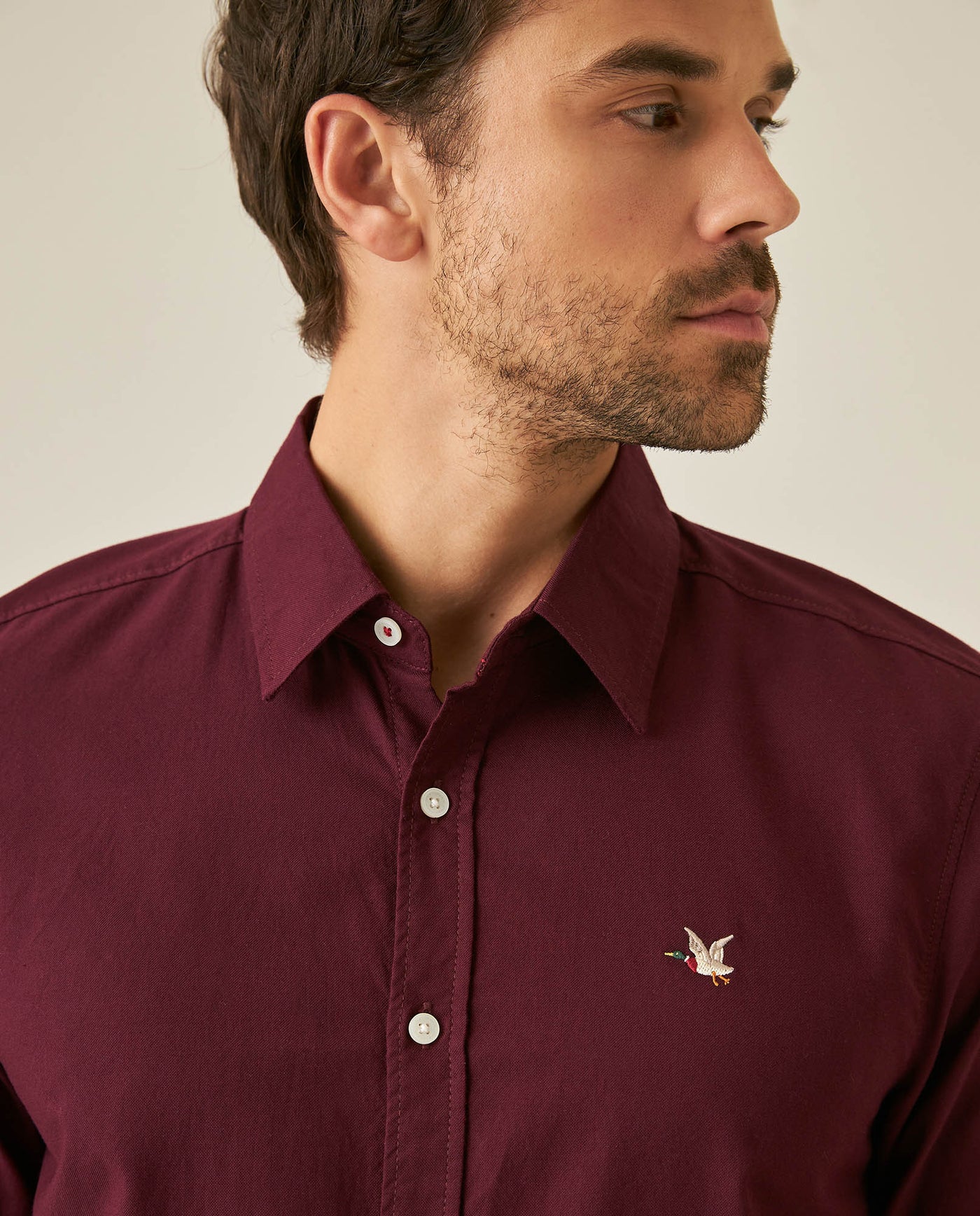 Mens Shirt Long Sleeve Slim Fit Oxford Cotton Vibrant Duck Raw Contrast Buttons Side Details Woven Label - Purple 63_611H027_MOR192118_5