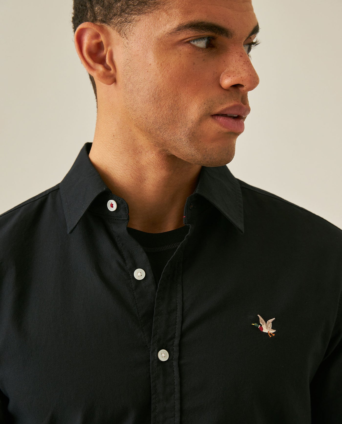 Mens Shirt Long Sleeve Slim Fit Oxford Cotton Vibrant Duck Raw Contrast Buttons Side Details Woven Label - Black 63_611H027_NEG194007_5