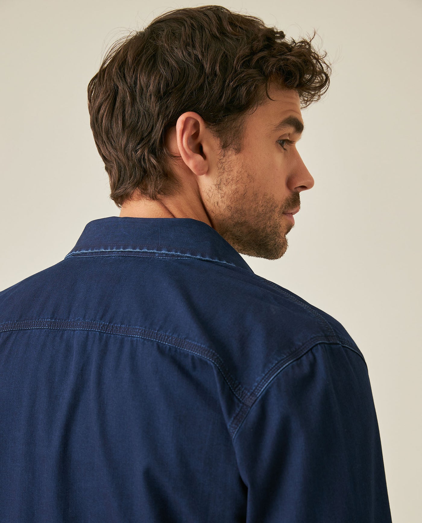 Mens Shirt Long Sleeve Slim Fit Cotton Denim Diagonal Special Wash Patch Pockets Buttons Classic Collar - Blue 63_611H028_AZU193924_7