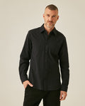 Men's Shirt Long Sleeve Slim Fit Cotton Denim Diagonal Special Wash Patch Pockets Buttons Classic Collar - Black