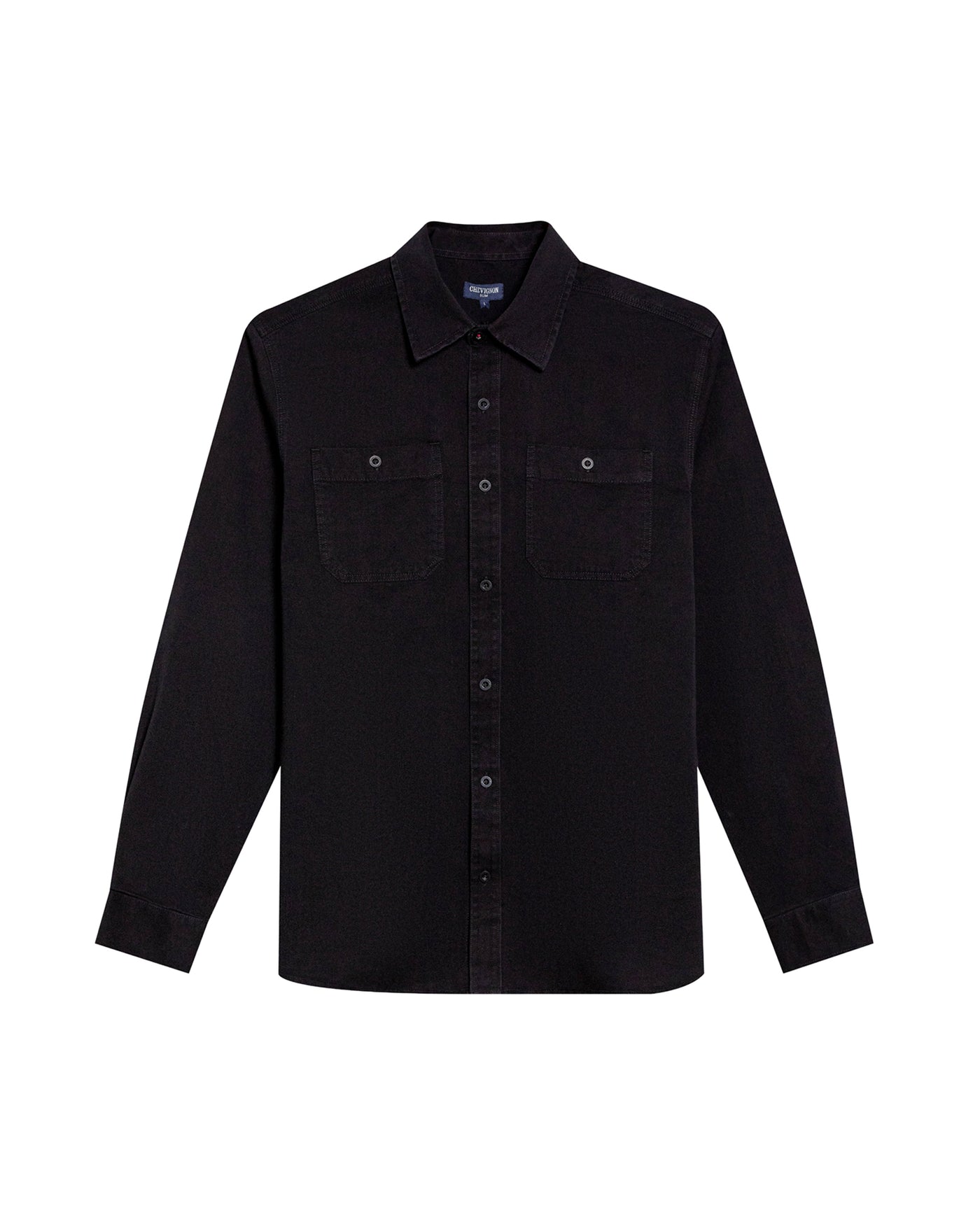 Mens Shirt Long Sleeve Slim Fit Cotton Denim Diagonal Special Wash Patch Pockets Buttons Classic Collar - Black 63_611H028_NEG194004_3