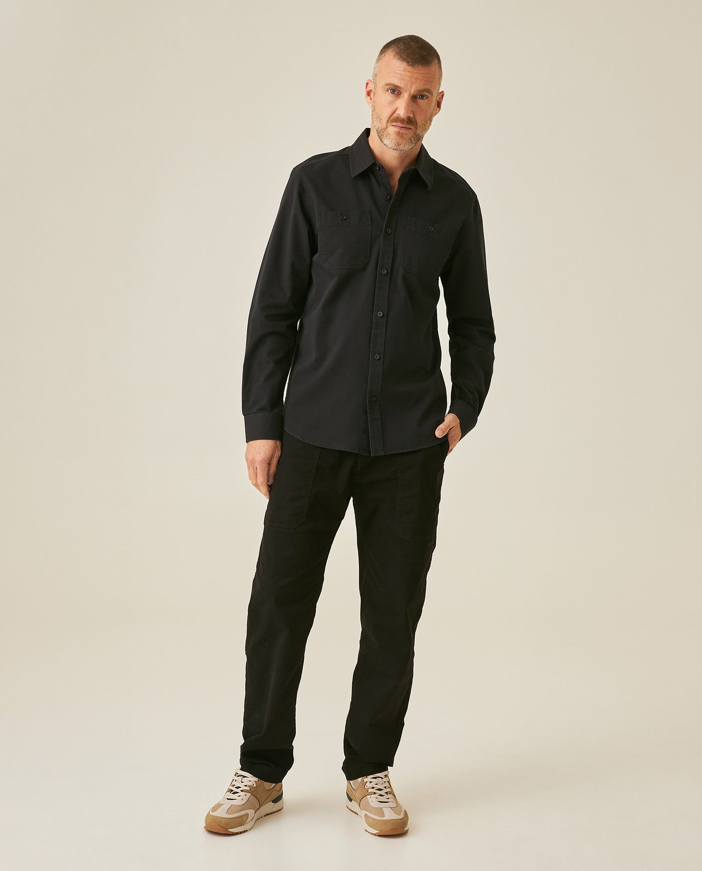 Mens Shirt Long Sleeve Slim Fit Cotton Denim Diagonal Special Wash Patch Pockets Buttons Classic Collar - Black 63_611H028_NEG194004_4
