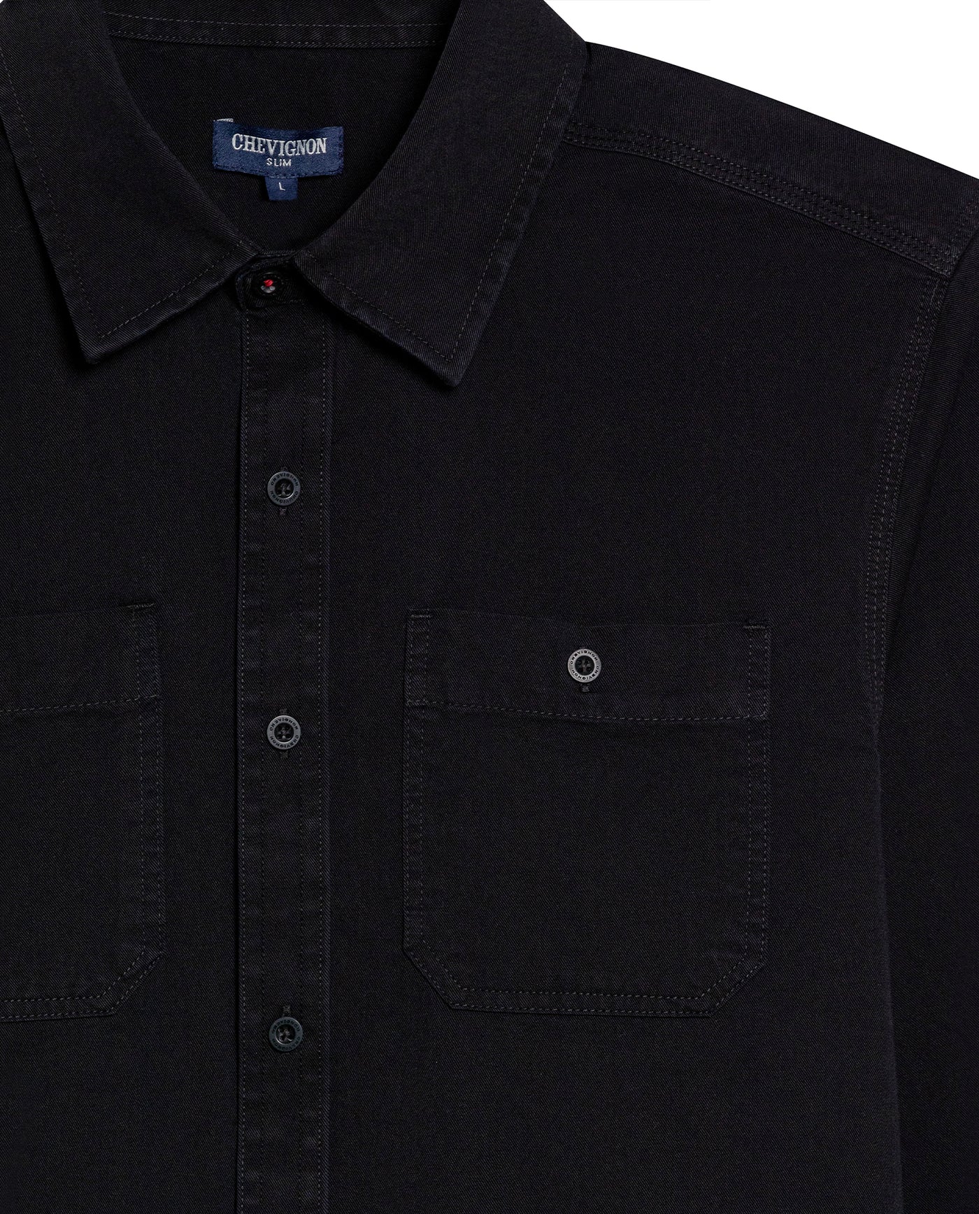 Mens Shirt Long Sleeve Slim Fit Cotton Denim Diagonal Special Wash Patch Pockets Buttons Classic Collar - Black 63_611H028_NEG194004_8