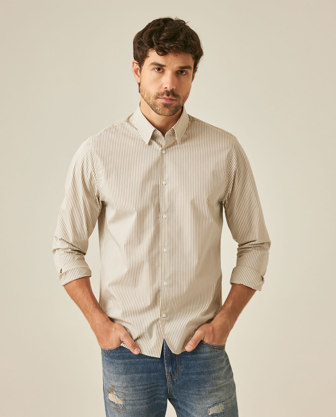 Mens Shirt Long Sleeve Classic Fit Cotton Coolmax Elastane Pre-Dyed Microtextured Stripe - Green 63_611H032_VER120109_0