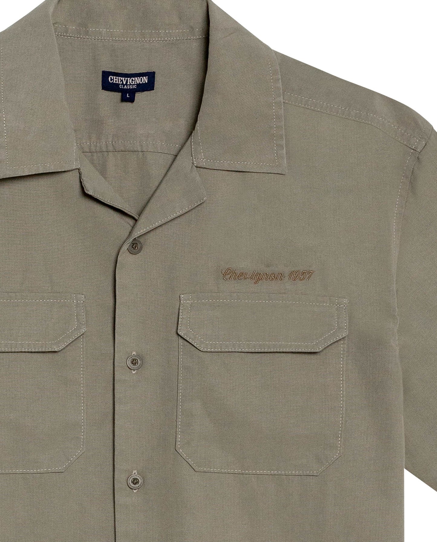 Mens Shirt Short Sleeve Classic Fit Lyocell Cotton Subtle Texture Patch Pockets Flaps Mini Lapel Collar - Green 63_611H034_VER170619_8