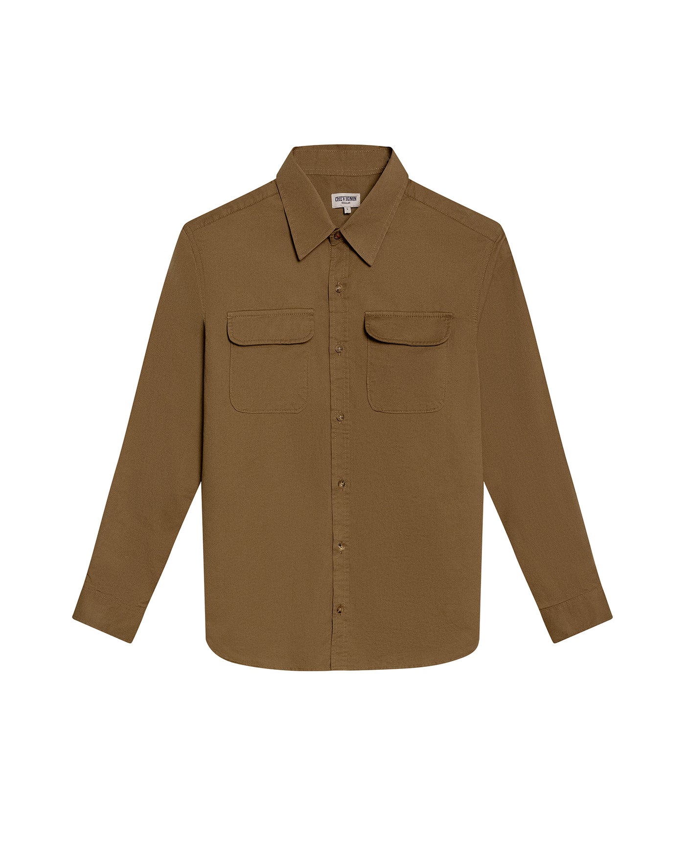 Mens Shirt Long Sleeve Regular Fit Cotton Twill Marked Diagonal Patch Pockets Flaps Hidden Snaps - Brown 63_611H035_CAF181018_3