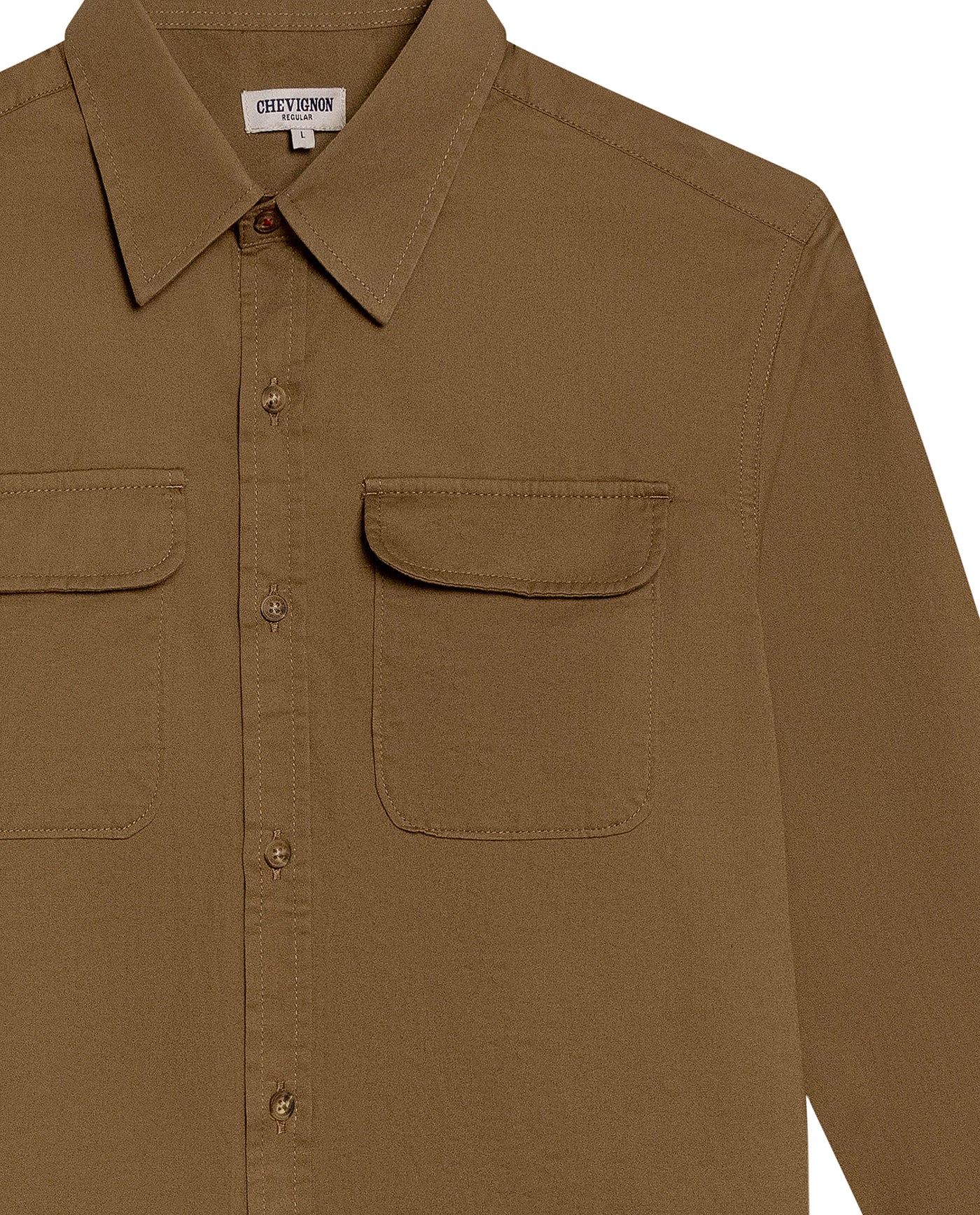 Mens Shirt Long Sleeve Regular Fit Cotton Twill Marked Diagonal Patch Pockets Flaps Hidden Snaps - Brown 63_611H035_CAF181018_8