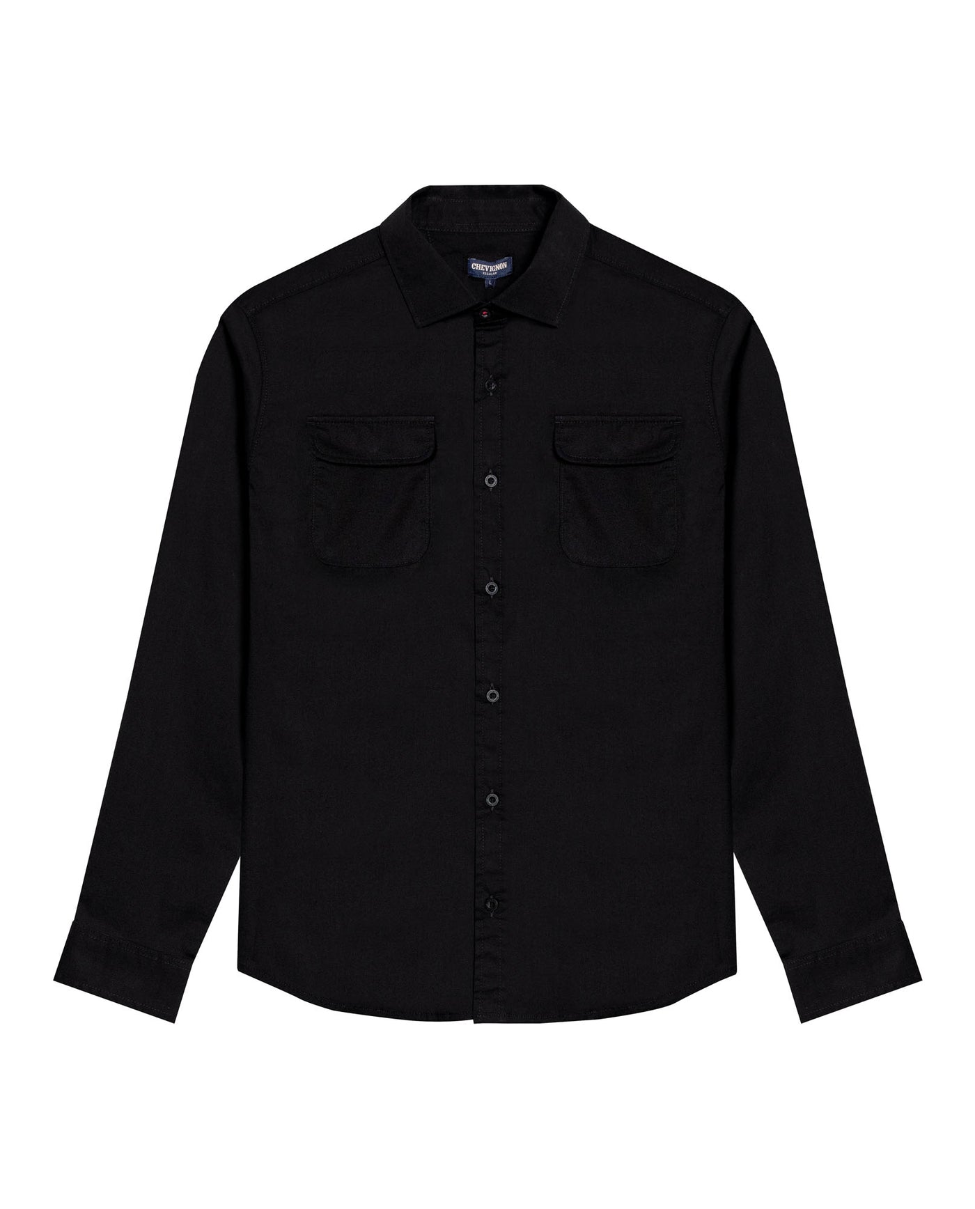 Mens Shirt Long Sleeve Regular Fit Cotton Twill Marked Diagonal Patch Pockets Flaps Hidden Snaps - Black 63_611H035_NEG194007_3