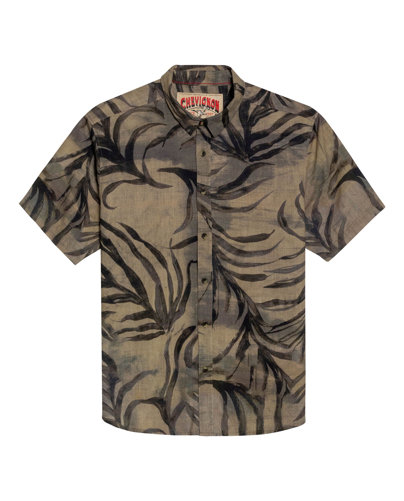 Mens Shirt Short Sleeve Classic Fit Resort Cotton Fullprint Tropical Corrugated Texture Flag Label - Brown 63_611H038_CAF191016_3