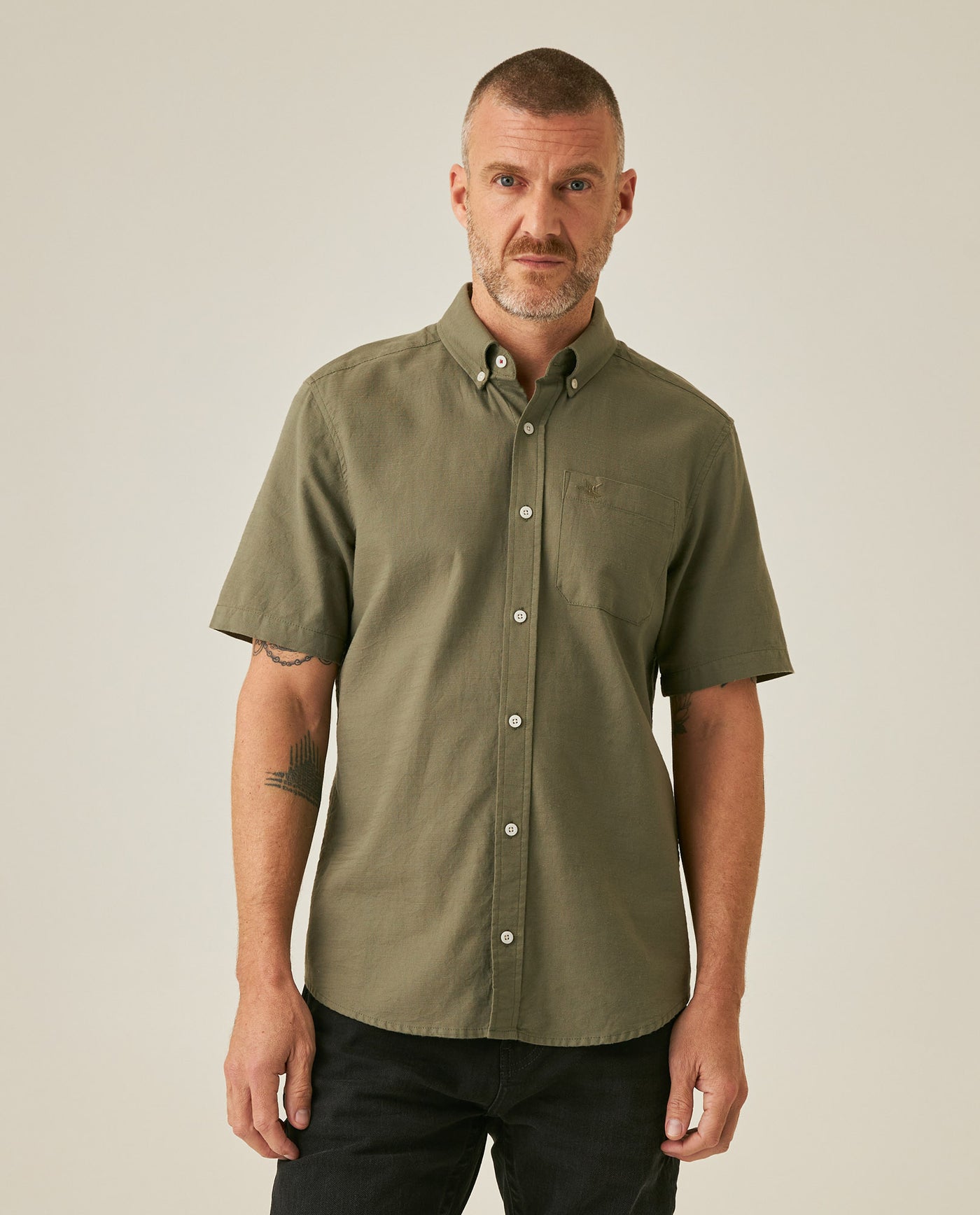 Mens Shirt Short Sleeve Slim Fit Button Down Cotton Slub Effect Embroidered Duck Contrast Buttons - Green 63_611H040_VER180515_0