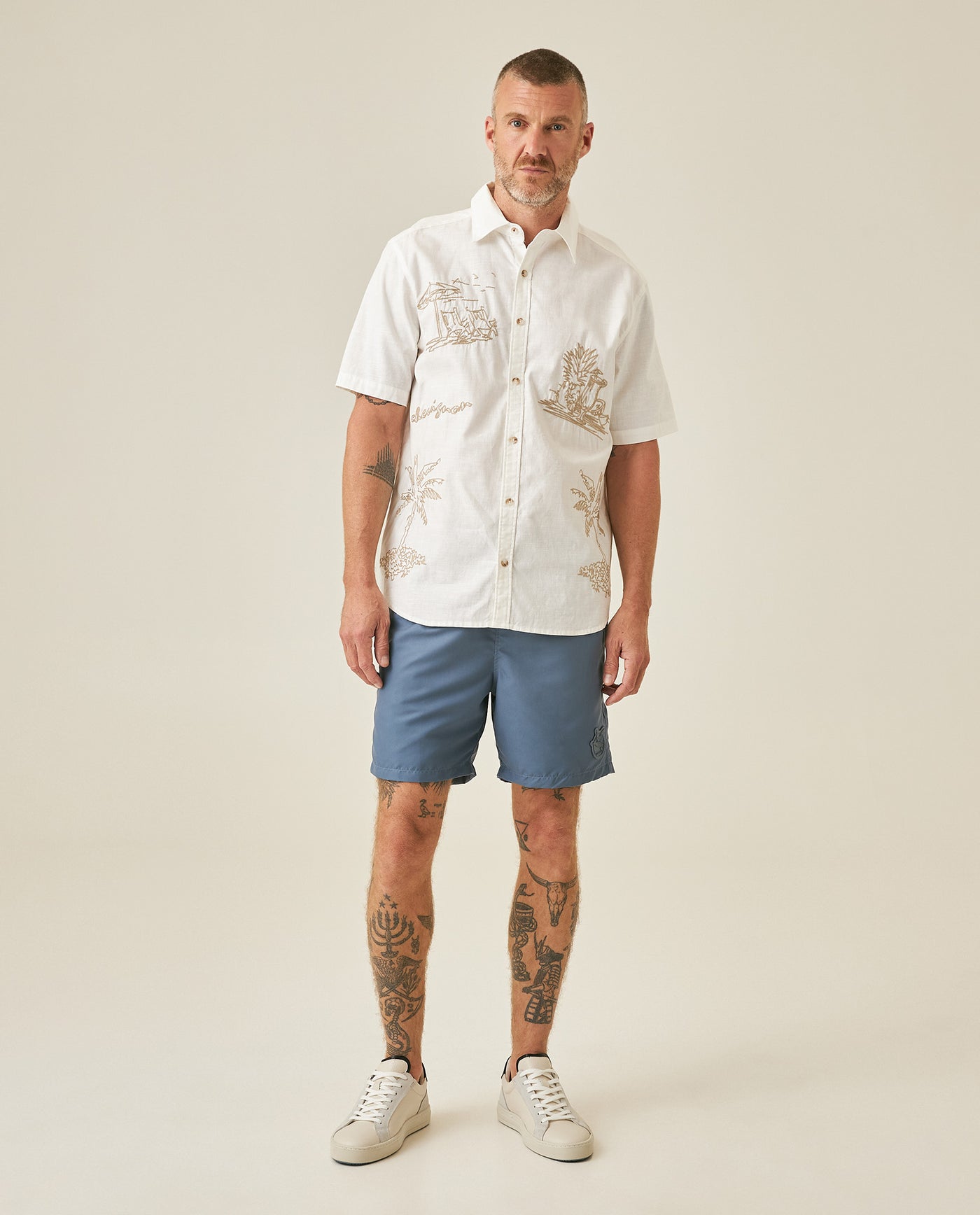 Mens Shirt Short Sleeve Classic Fit Resort Cotton Twill Embroidered Localized Palm Trees Effect Buttons - Raw 63_611H044_CRU110701_5