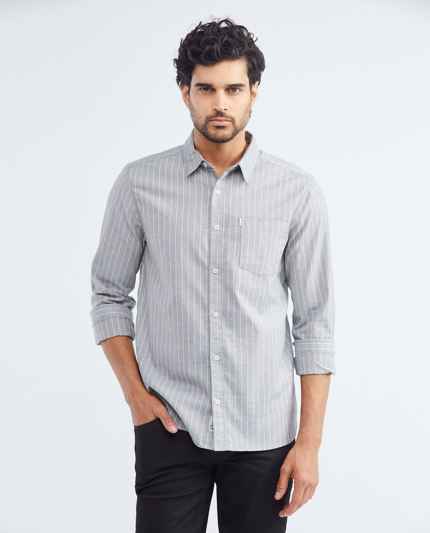 Men's Slim Fit Long Sleeve Striped Shirt Pocket Side Label in Cotton-Elastane Blend 612F006 - 1
