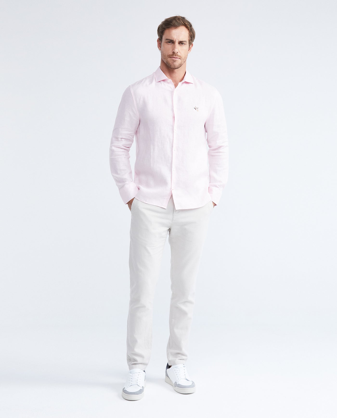 Men's Slim Fit Long Sleeve Linen Shirt Color Duck Natural Buttons - 2