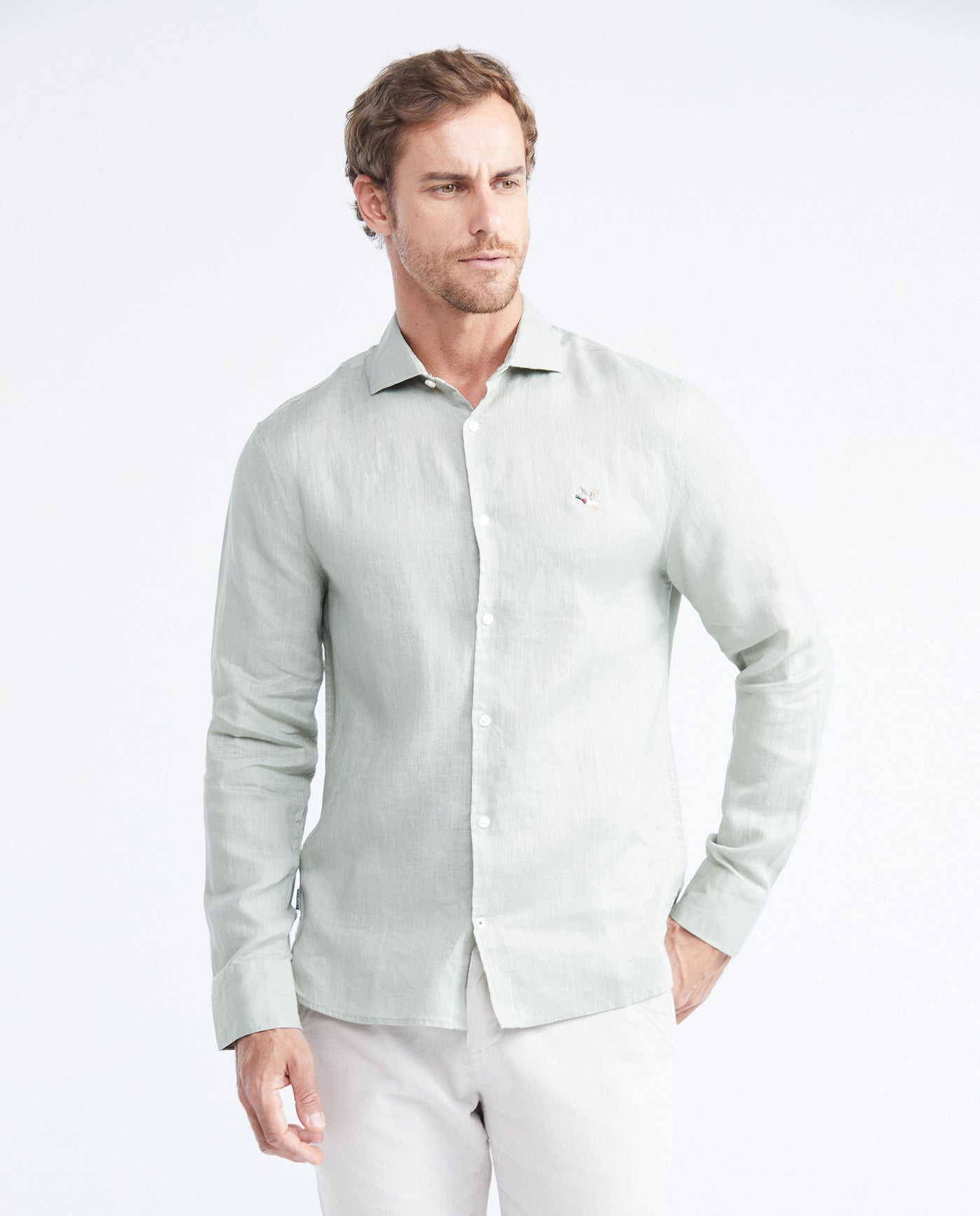 Men's Slim Fit Long Sleeve Linen Shirt Color Duck Natural Buttons - 1