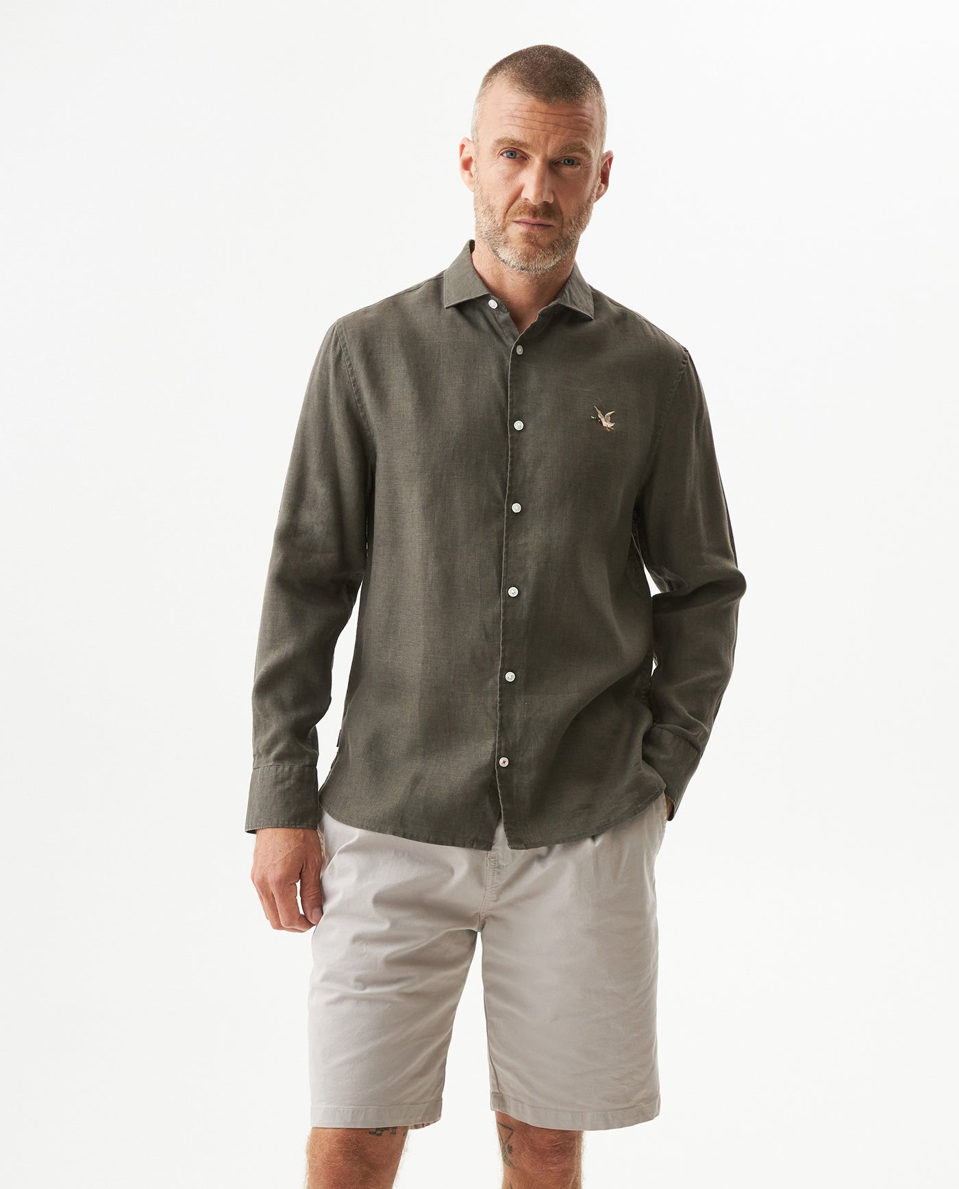 Men's Shirt: Long Sleeve 100% Linen Male - Green 617G204 - 1