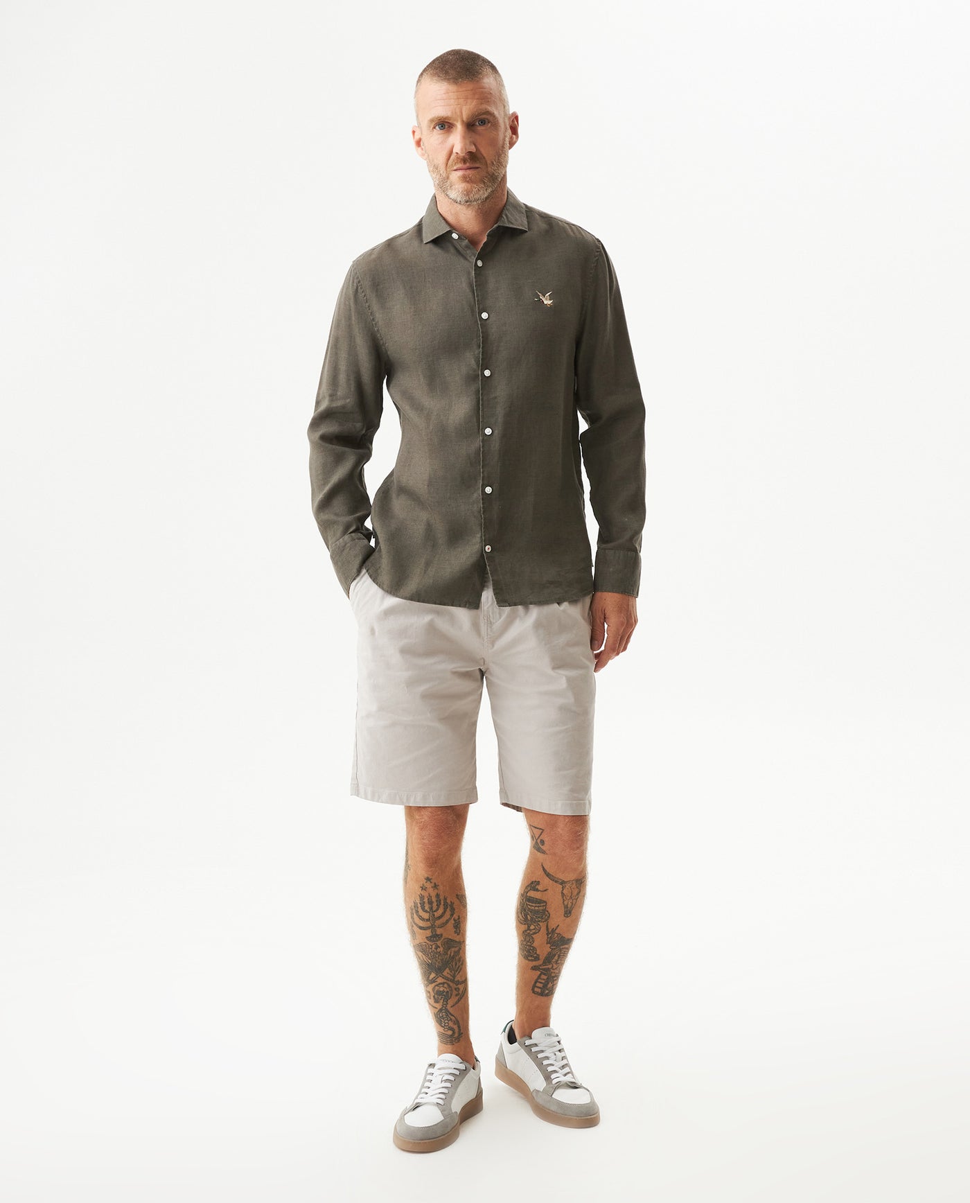 Men's Shirt: Long Sleeve 100% Linen Male - Green 617G204 - 3