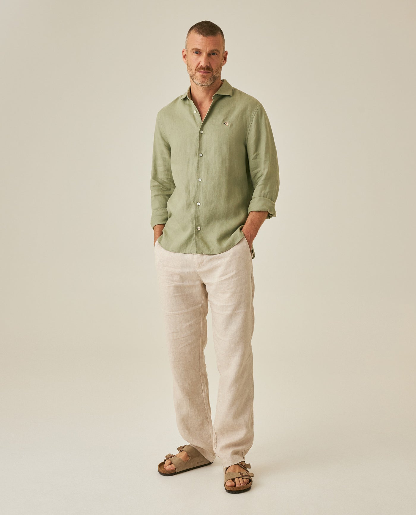 Mens Regular Fit Linen Embroidered Shirt - Green 63_617H204_VER140232_4