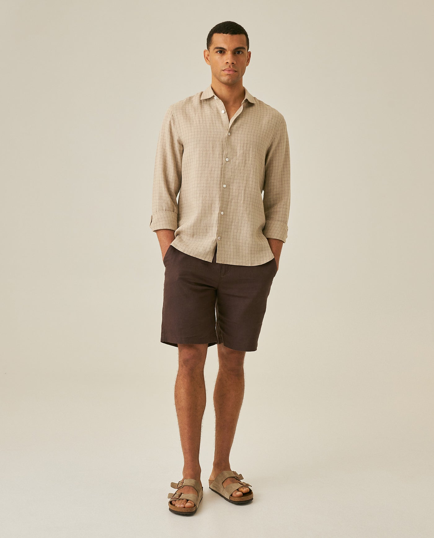 Mens Slim Fit Plaid Linen Shirt - Beige 63_617H207_BEI130607_4