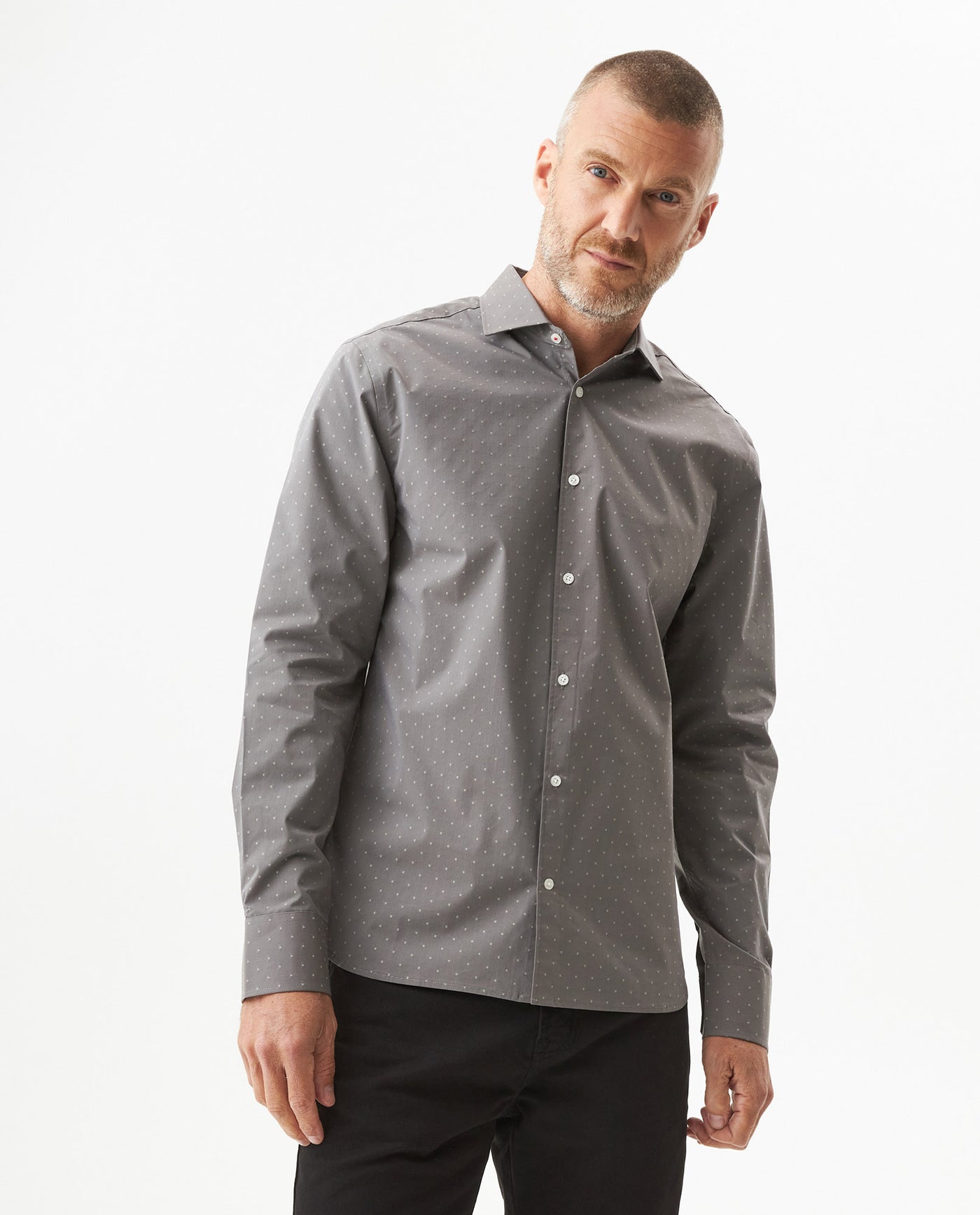Men's Long Sleeve Slim Fit Mini-Print Dobby Shirt in Cotton-CoolMax Blend, Sailor - 1