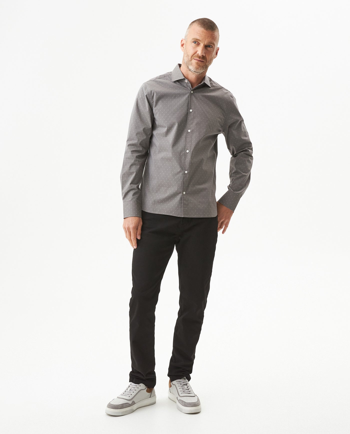 Men's Long Sleeve Slim Fit Mini-Print Dobby Shirt in Cotton-CoolMax Blend, Sailor - 2