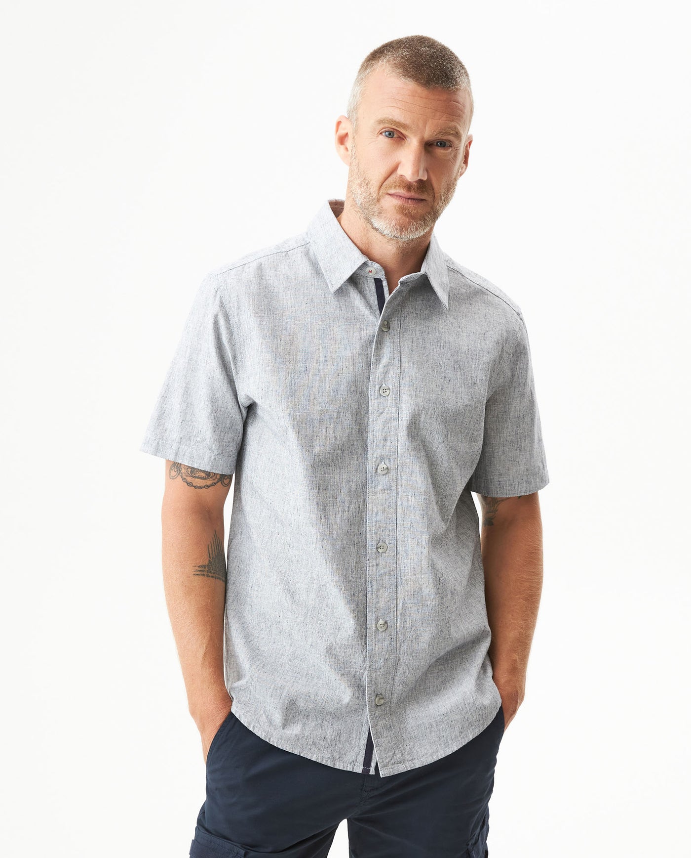 Men's Short Sleeve Regular Fit Textured Shirt in Cotton-Linen Blend, Fisherman 619G030 - 1