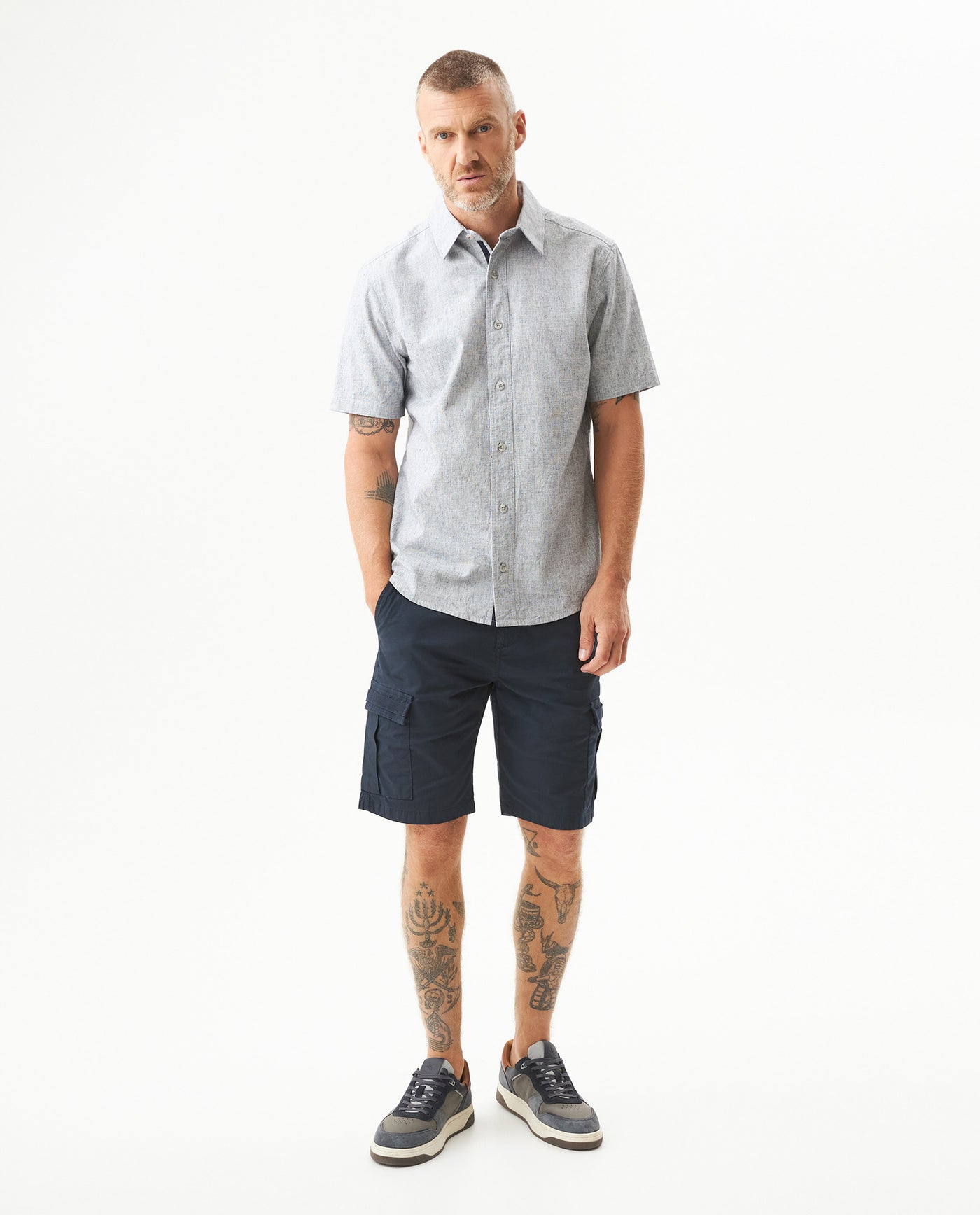 Men's Short Sleeve Regular Fit Textured Shirt in Cotton-Linen Blend, Fisherman 619G030 - 3