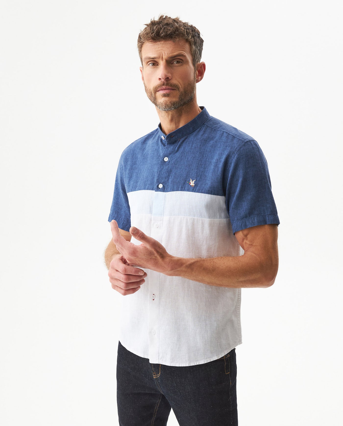 Men's Shirt, Slim Fit, Short Sleeve - White and Blue 619G032 - 1