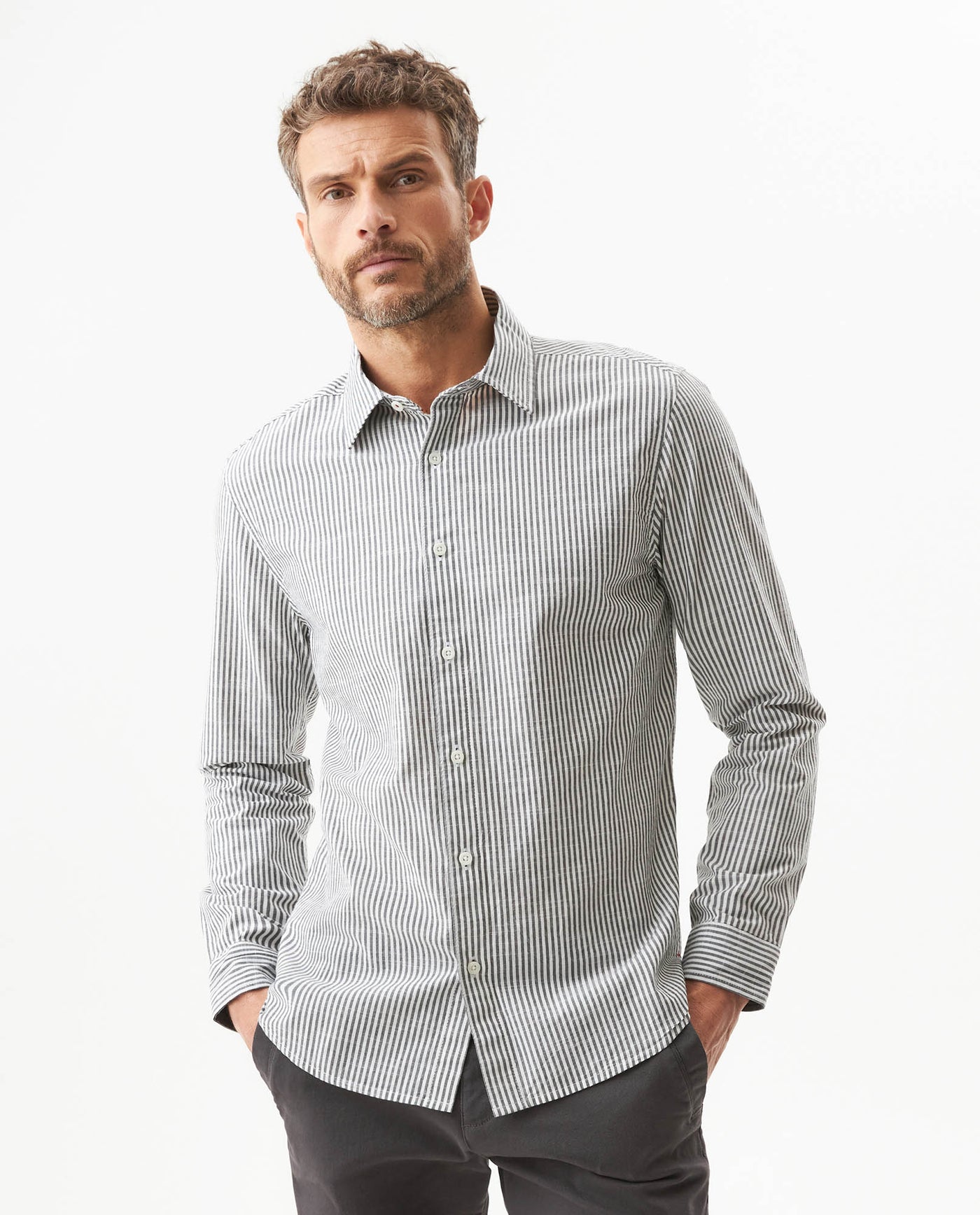 Men's Long Sleeve Classic Fit Striped Shirt in Cotton, Wharf 619G043 - 1