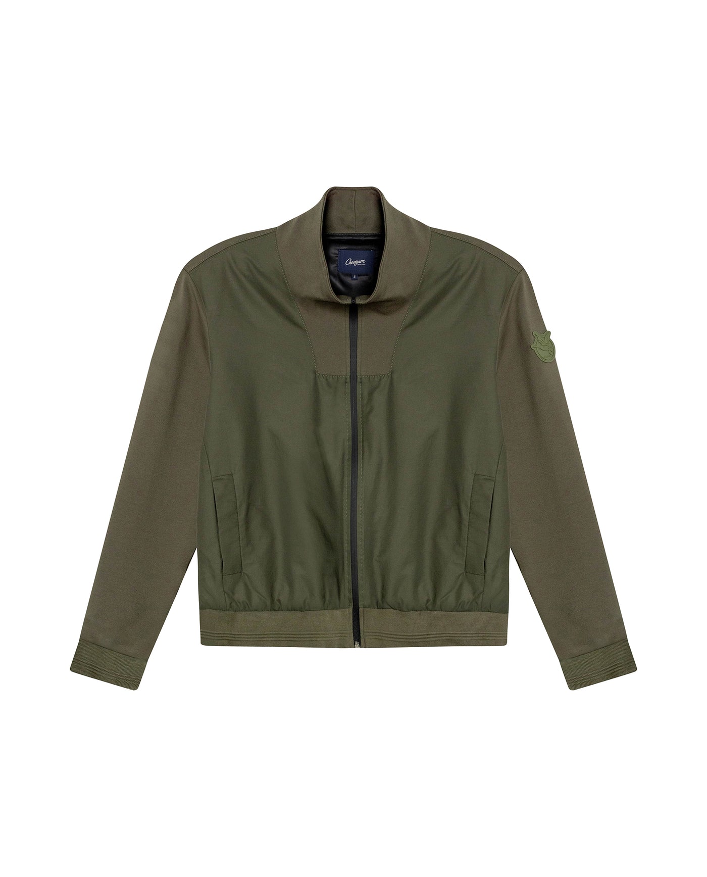 Mens Jacket High Collar Mixed Base Rayon Nylon Elastane Drape Leather Duck Appliqué Semi-Waterproof - Green 63_621H008_VER190414_3