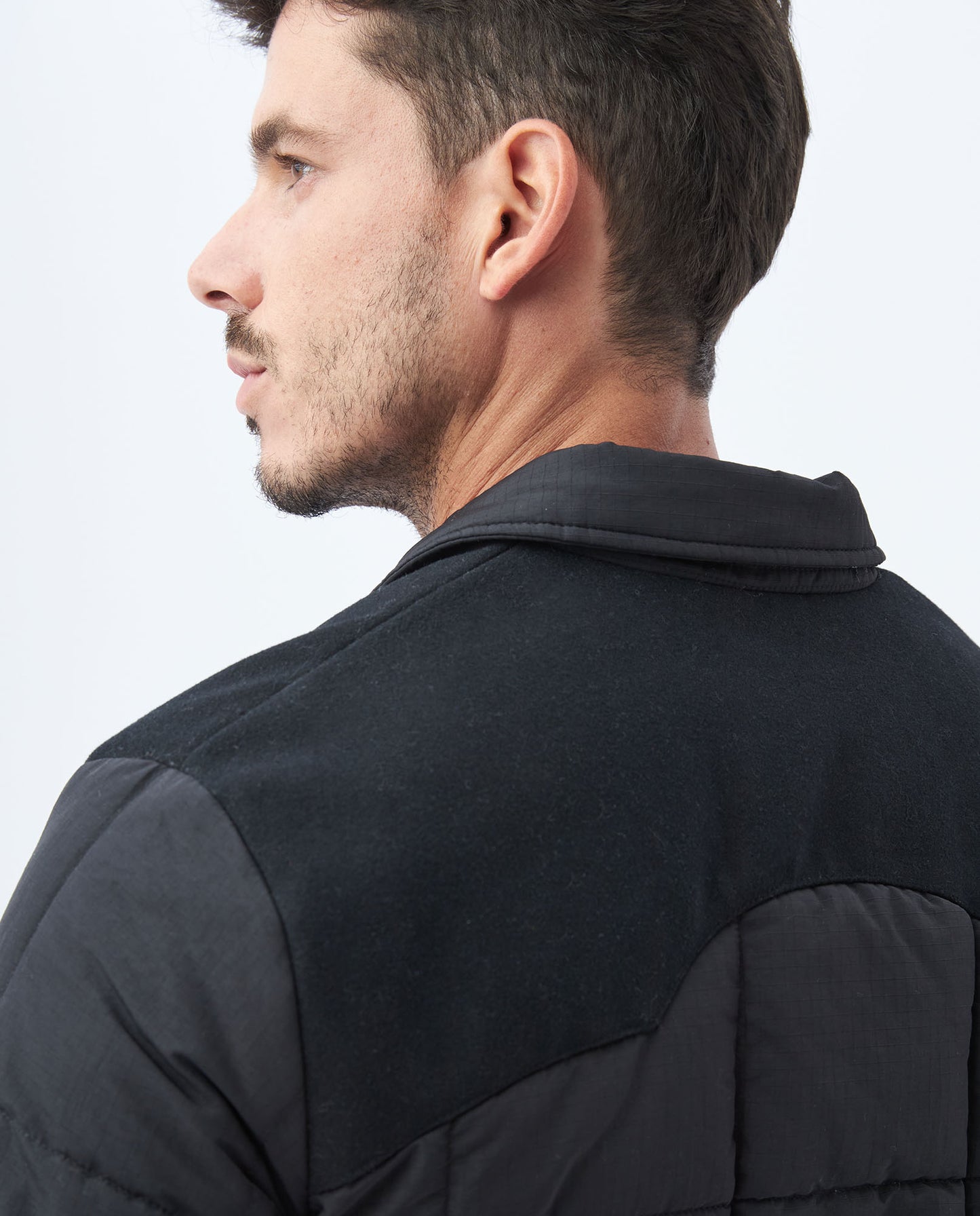 Men's Quilted Trucker Jacket in Polyester Panel Construction - Black - 5