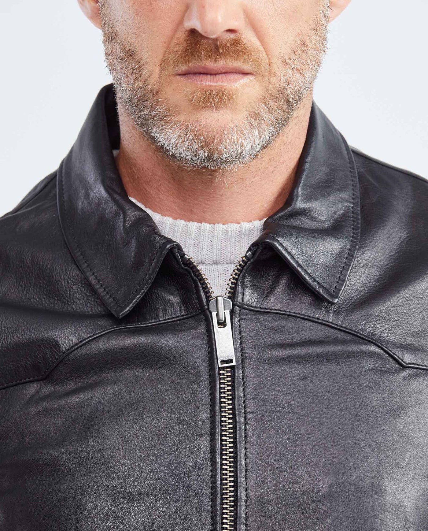 Men's Oversize Lambskin Jacket Polo Collar Ribbed Studded Pockets - 3