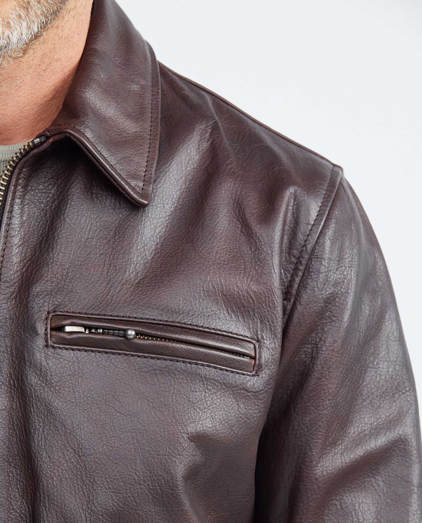 Men's Calfskin Jacket Polo Collar Chest Zipper Pocket Pleated Lining - 3