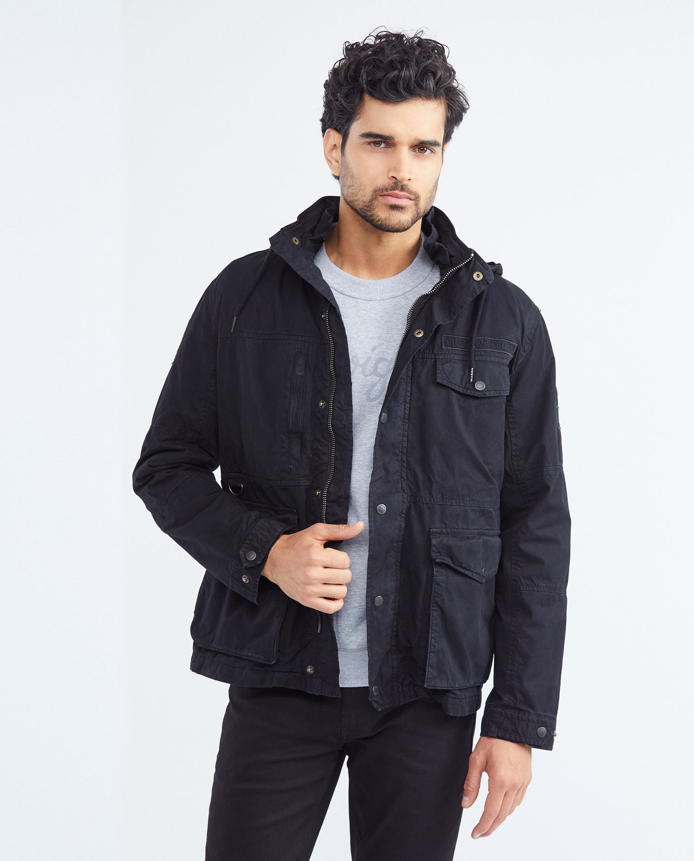 Men's Parka Jacket High Collar Removable Hood Sleeve Embroidery Adjustable Waist - 1
