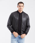 Men's Lambskin Leather Bomber Jacket - Black