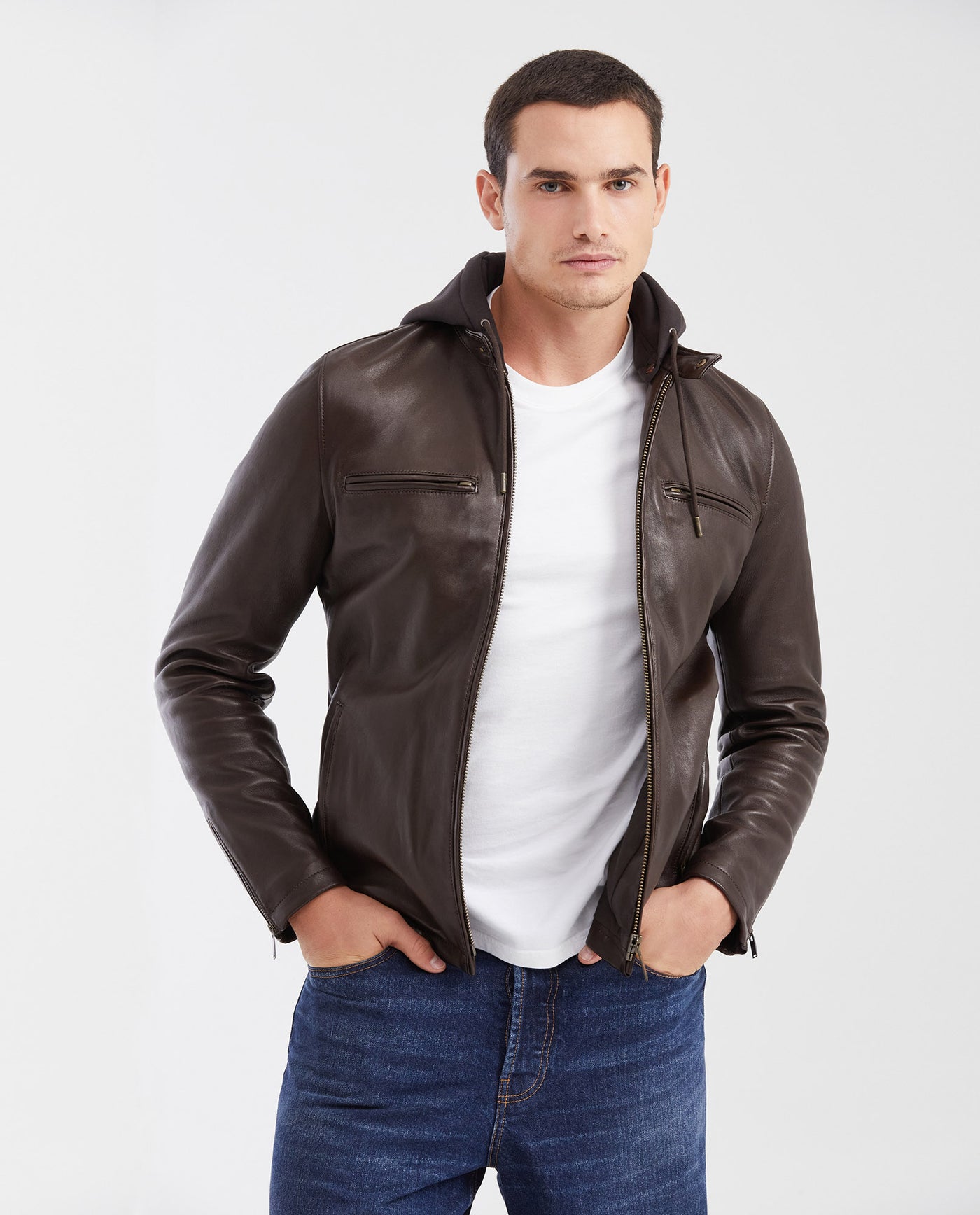 Men's Biker Jacket Lambskin Removable Fleece Hood - 1