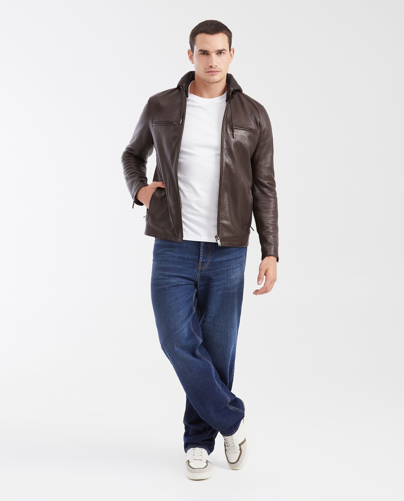 Men's Biker Jacket Lambskin Removable Fleece Hood - 2