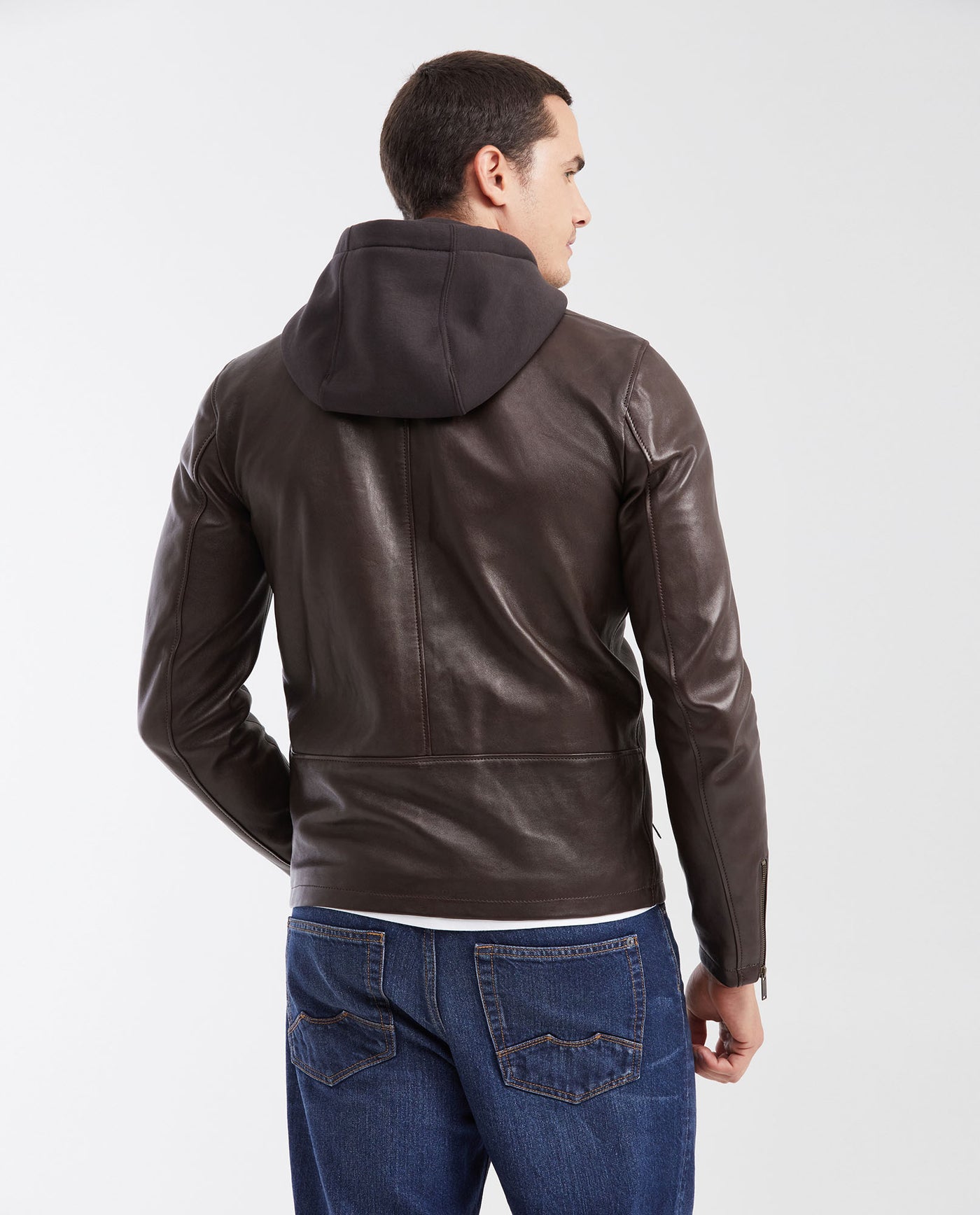 Men's Biker Jacket Lambskin Removable Fleece Hood - 4