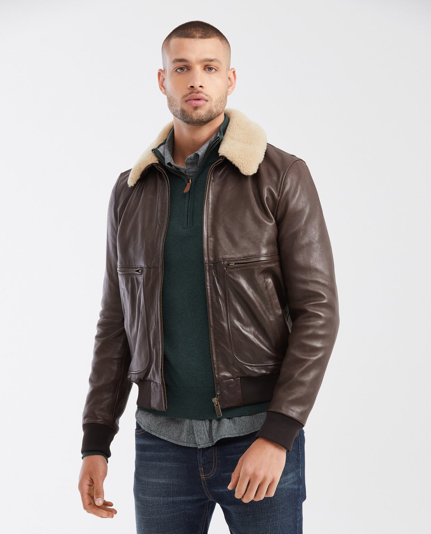 Men's Aviator Biker Jacket Removable Sherpa Collar - 1